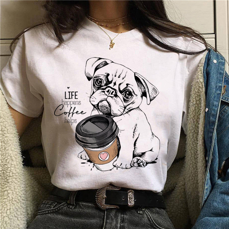 Pug Print Round-Neck Short-Sleeve Women's T-Shirt