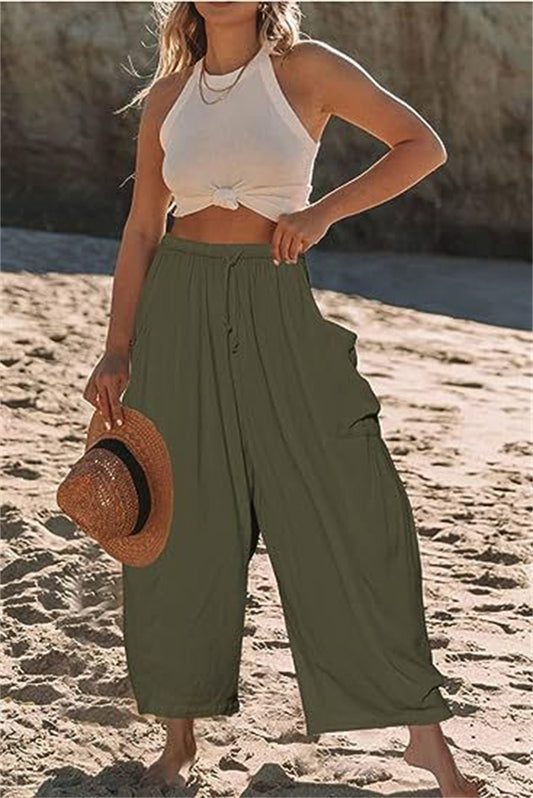 Fashion Wide-Leg Loose Elastic High-Waist Pleated Long Trousers