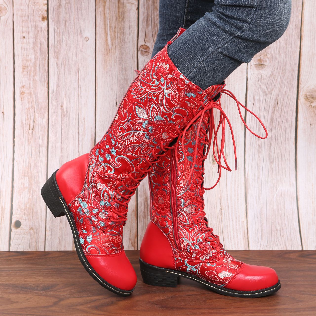 Flowers Print Long  Lace-Up Heeled Boots For Women