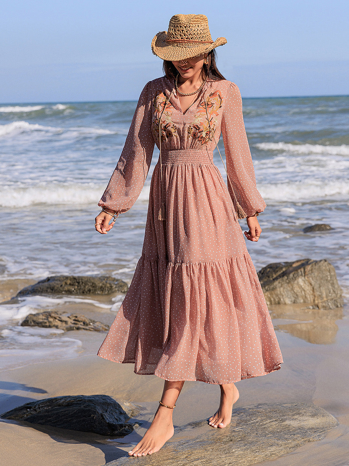 Embroidered Polka Dot Tie-Neck Long-Sleeve Midi Dress - US only