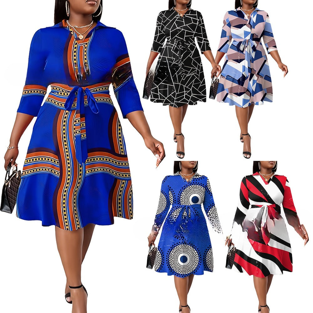 Print Casual Elegant V-Neck Midi Dress - Large Sizes