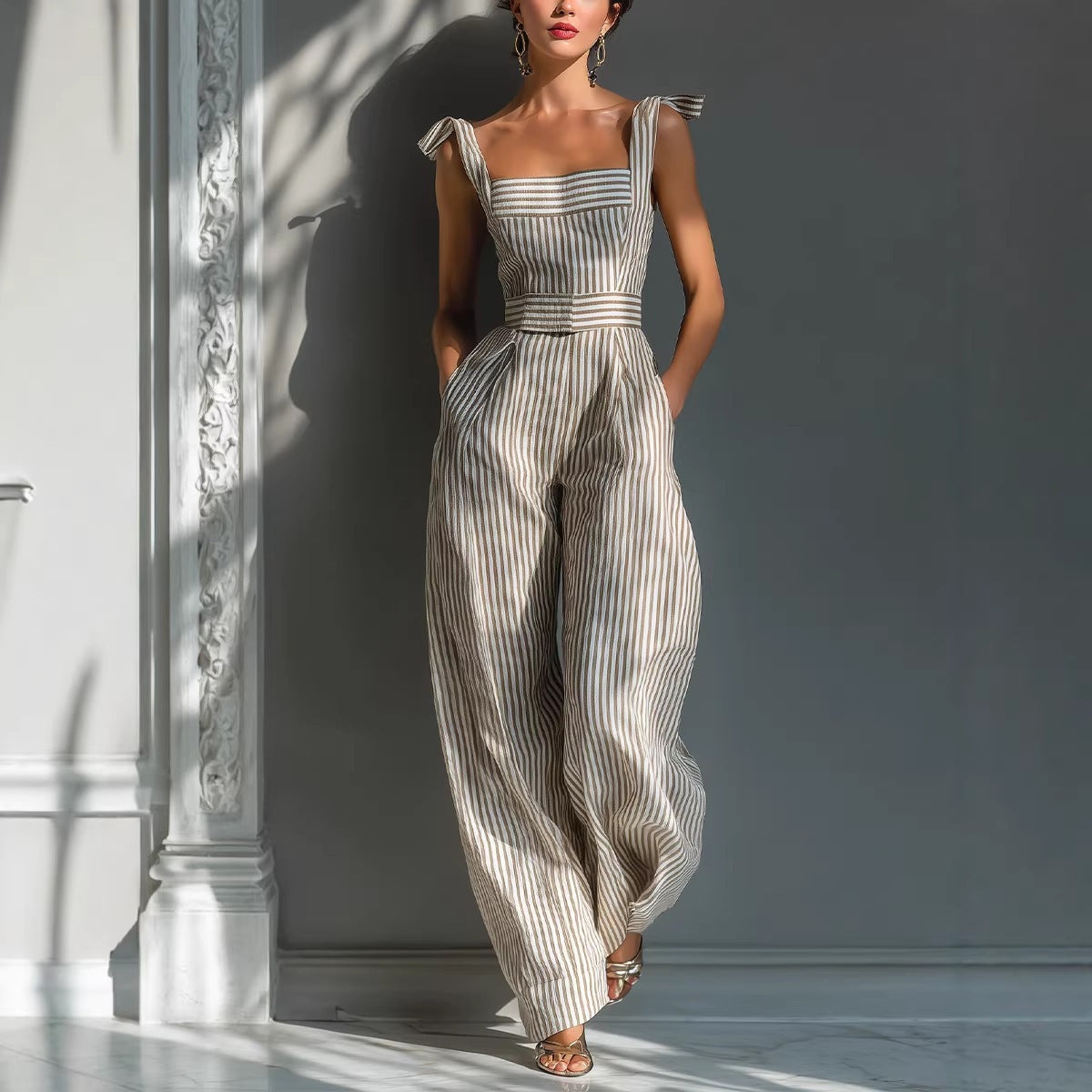 Womens Fashionable Striped Linen Jumpsuit