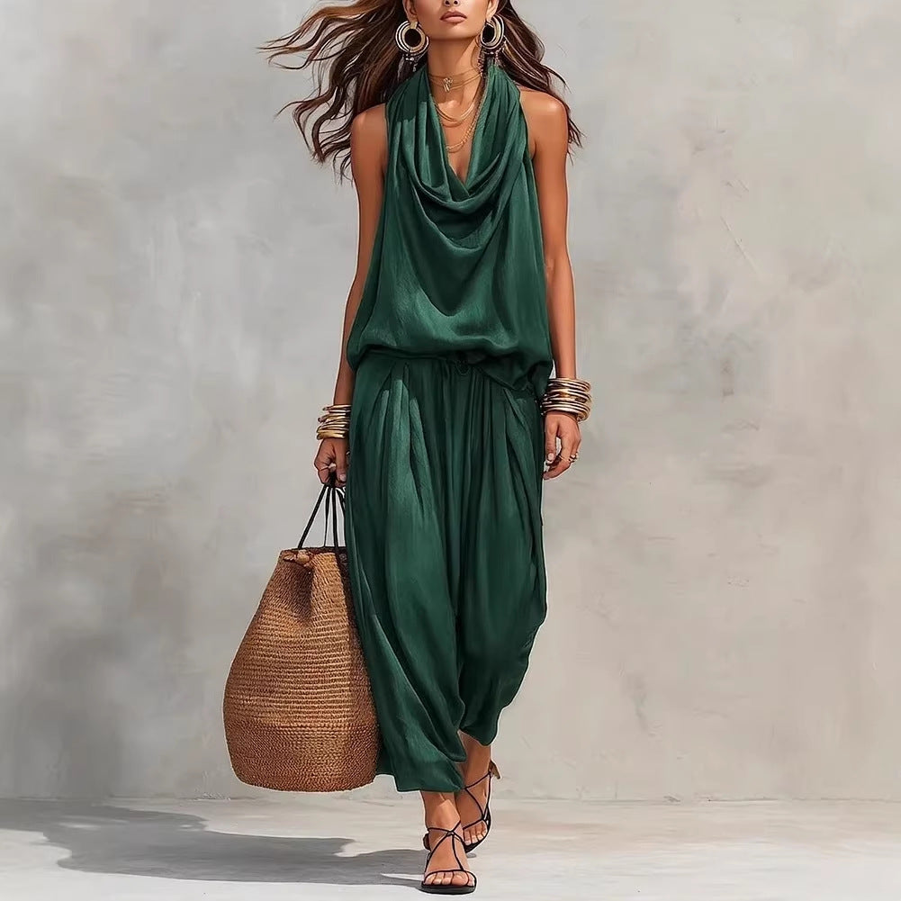 Draped-Neck Vest & Casual Pants Outfit