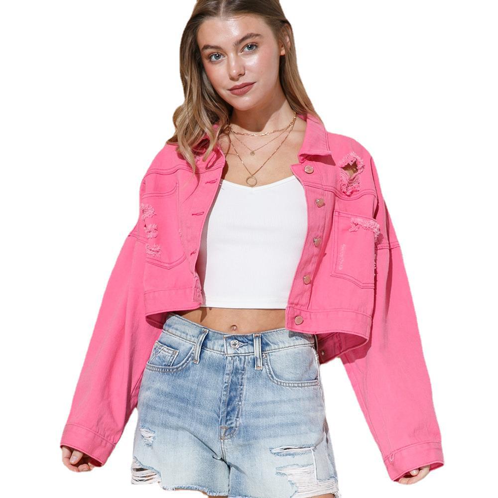 Ripped Rhinestone Tassel Long-Sleeve Denim Jacket