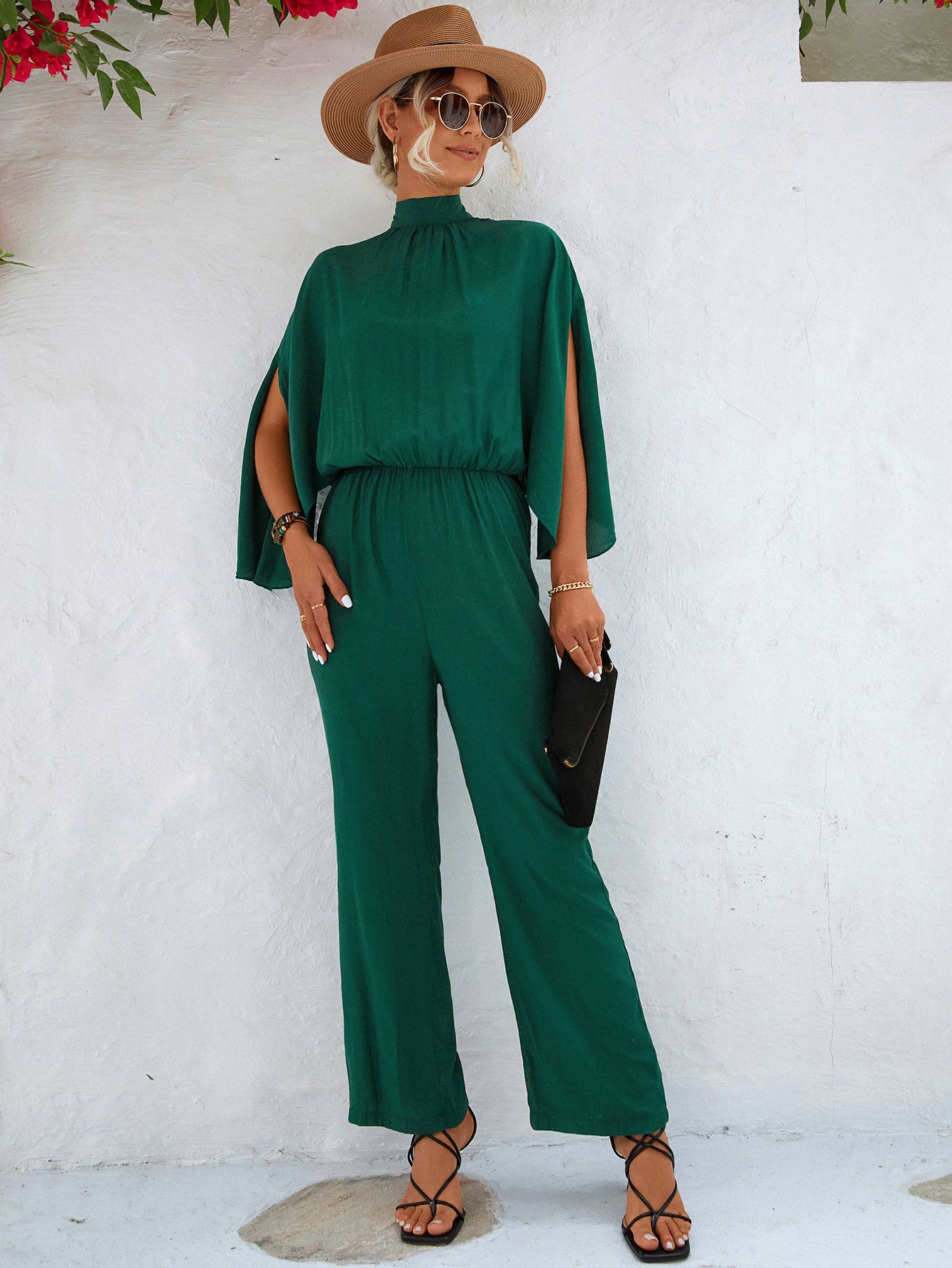 Stand-Collar Jumpsuit With Loose Split Long Sleeves