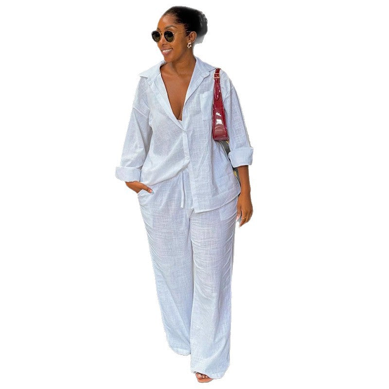 Turn-down Collar Loose-fit White Long-sleeve Shirt And Wide-leg Trousers Set