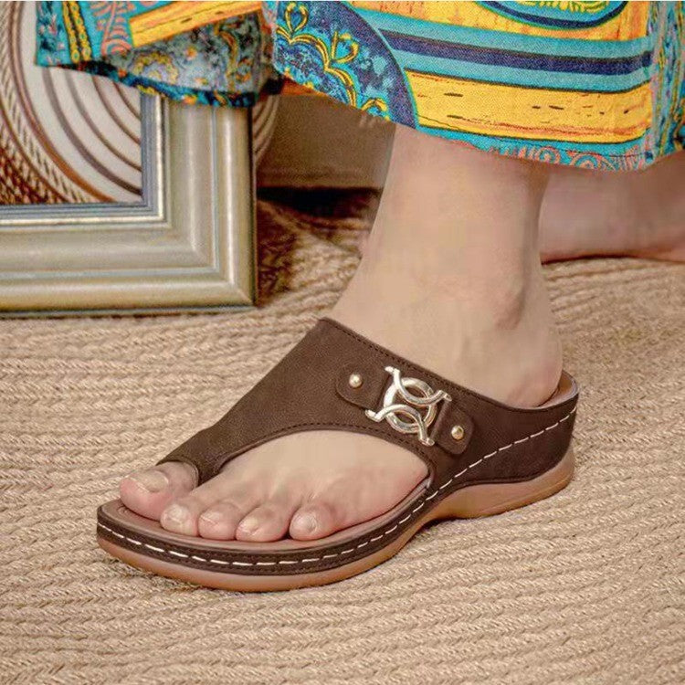 Metal-Decorated Wedge-Heel Flip-Flops