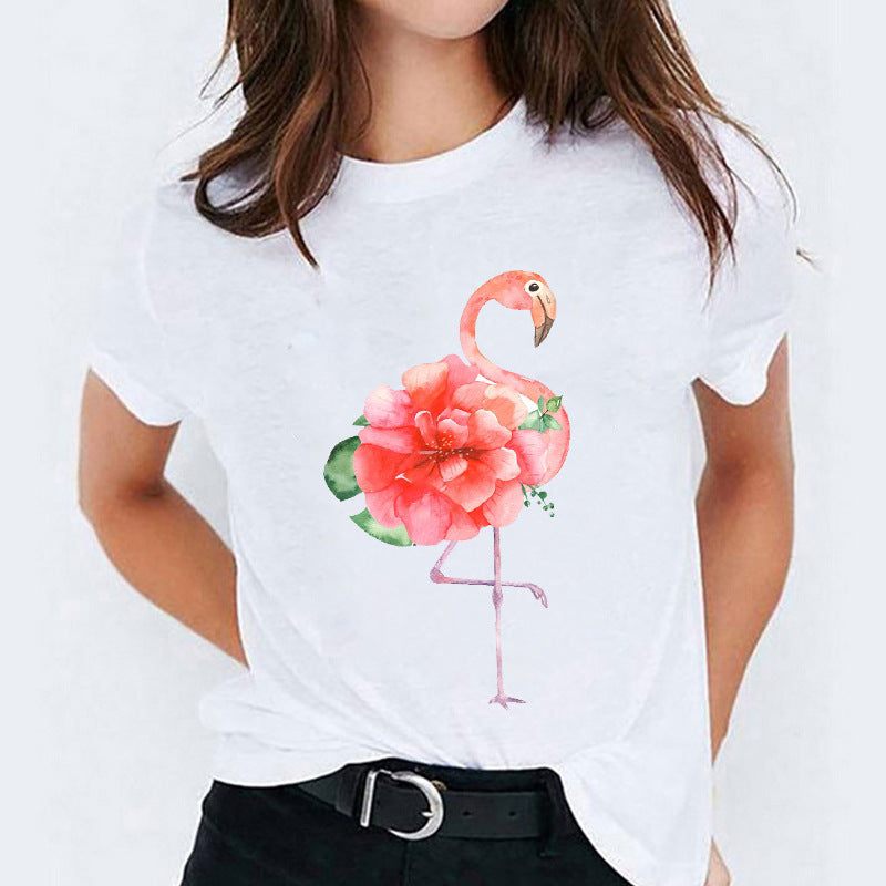 Cat Flamingo Round-Neck Print Short-Sleeve T-Shirt Short For Women