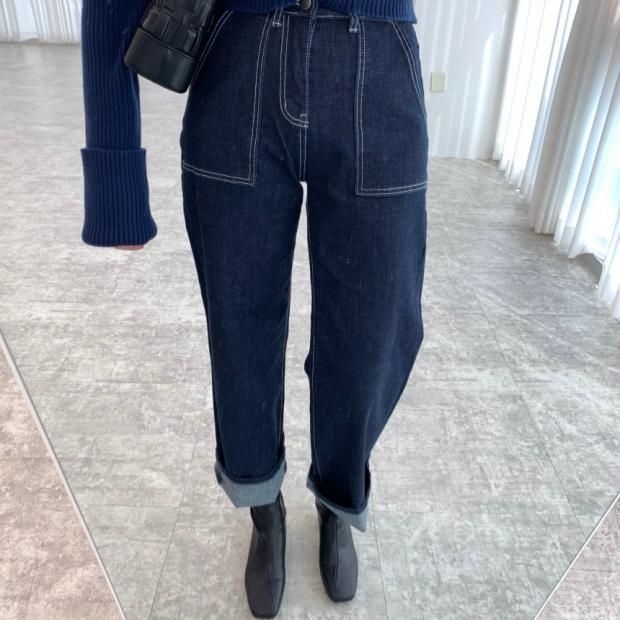 High-Waist Slimming Double-Pocket One-Button Wide-Leg Design Denim Trousers For Women