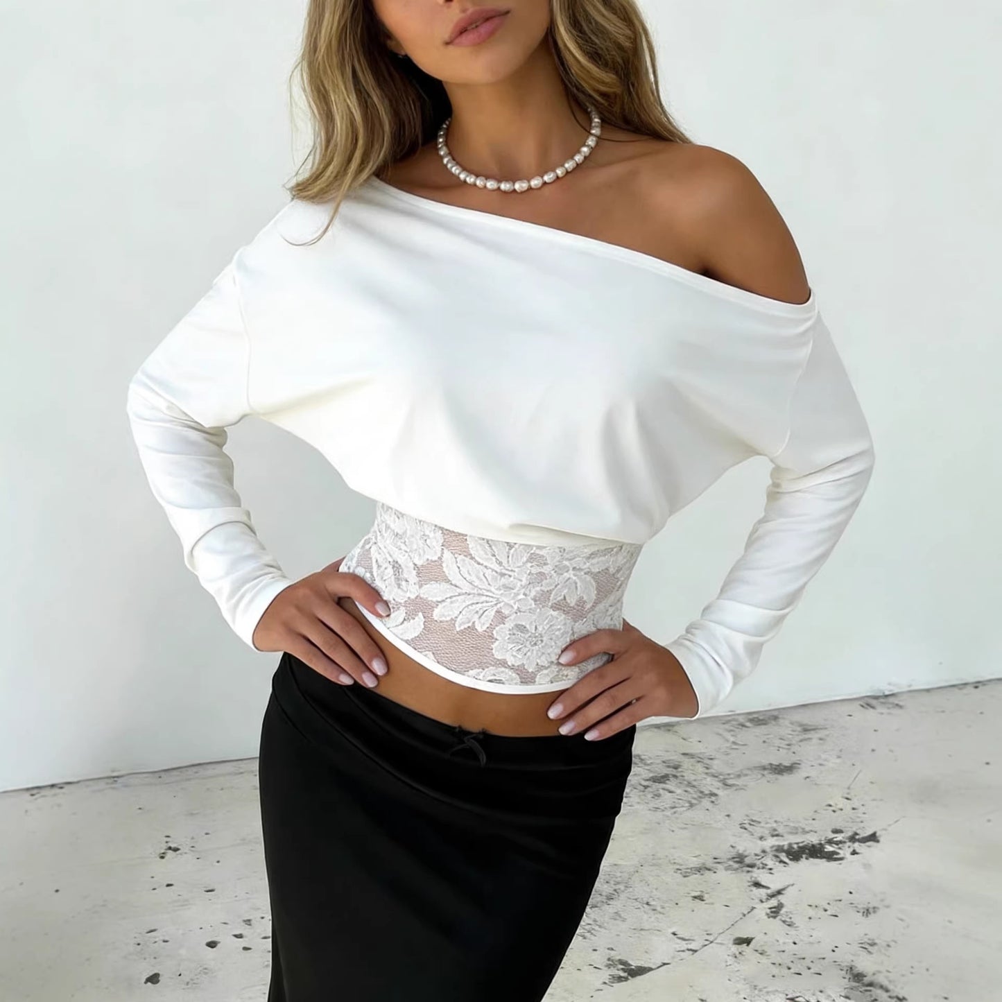 Womens Solid-Color Off-Shoulder Batwing Sleeve Lace-Patchwork Top