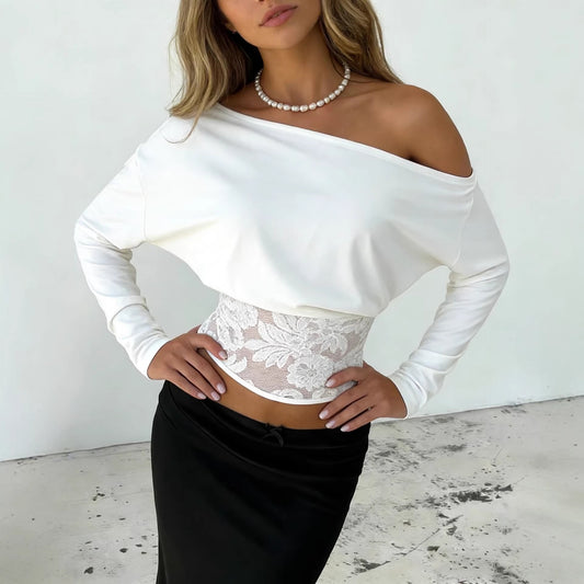 Womens Solid-Color Off-Shoulder Batwing Sleeve Lace-Patchwork Top