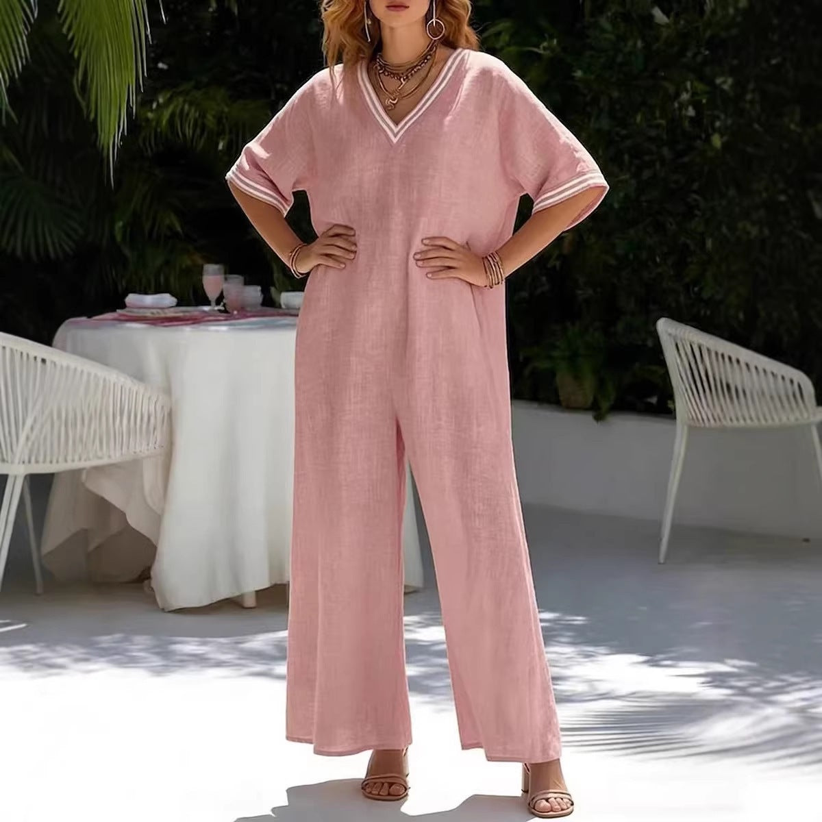 Womens Fashionable Casual Solid-Color Wide-Leg Jumpsuit