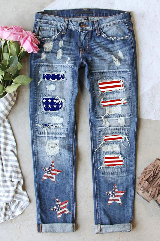 Sky-Blue Sequin American Flag Star Graphic Distressed Straight Jeans