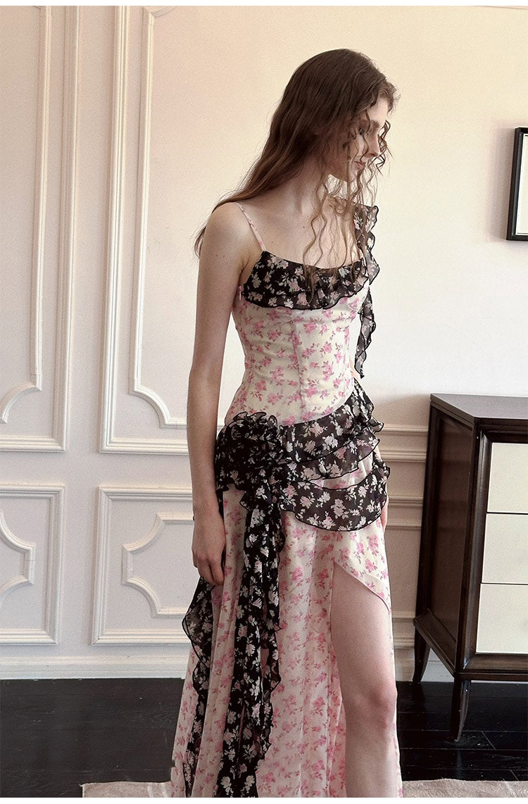Irregular Floral Contrast-Colour Split Sling Dress