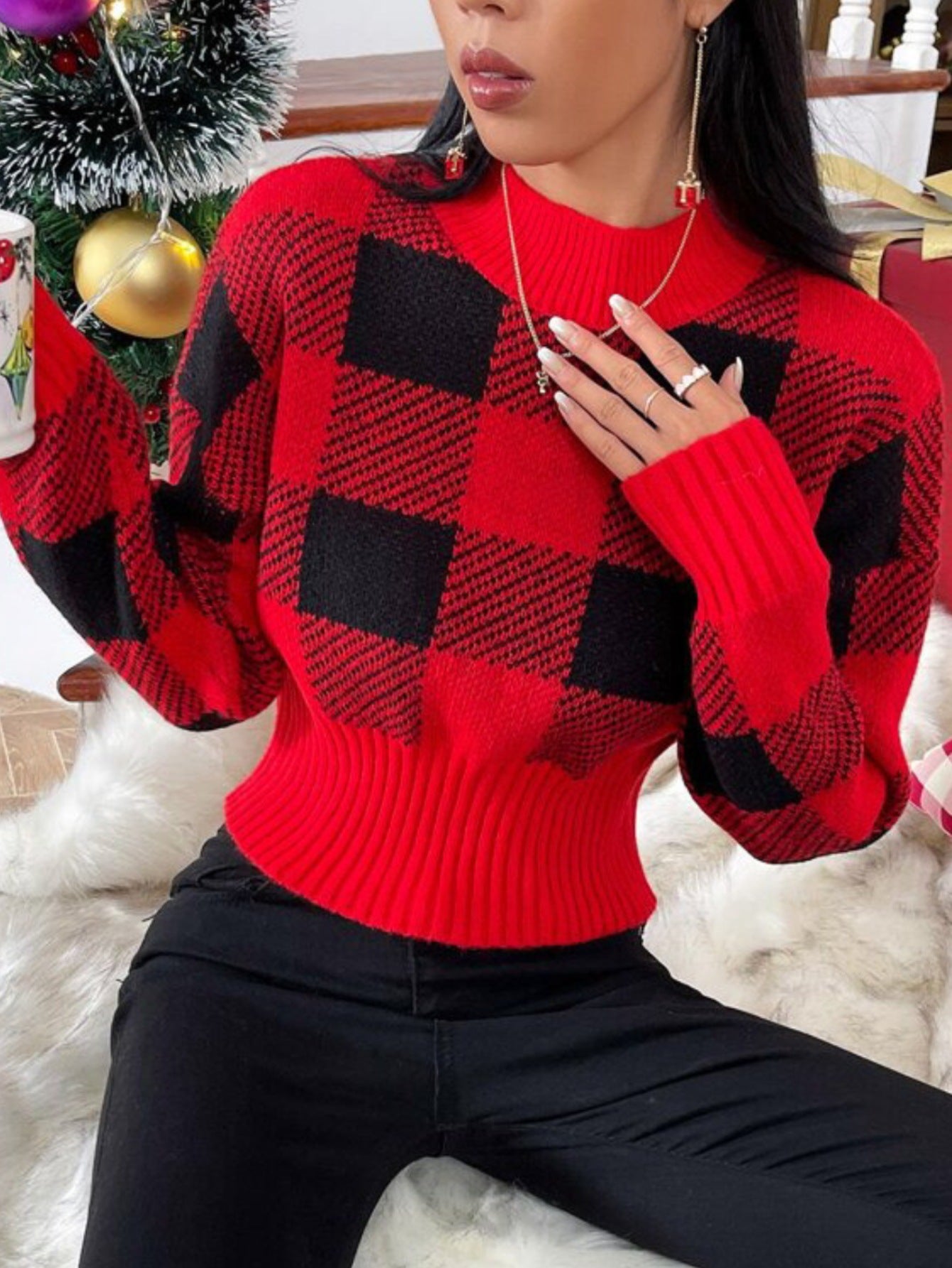 Round-Neck Loose Jacquard Plaid Fashion Sweater