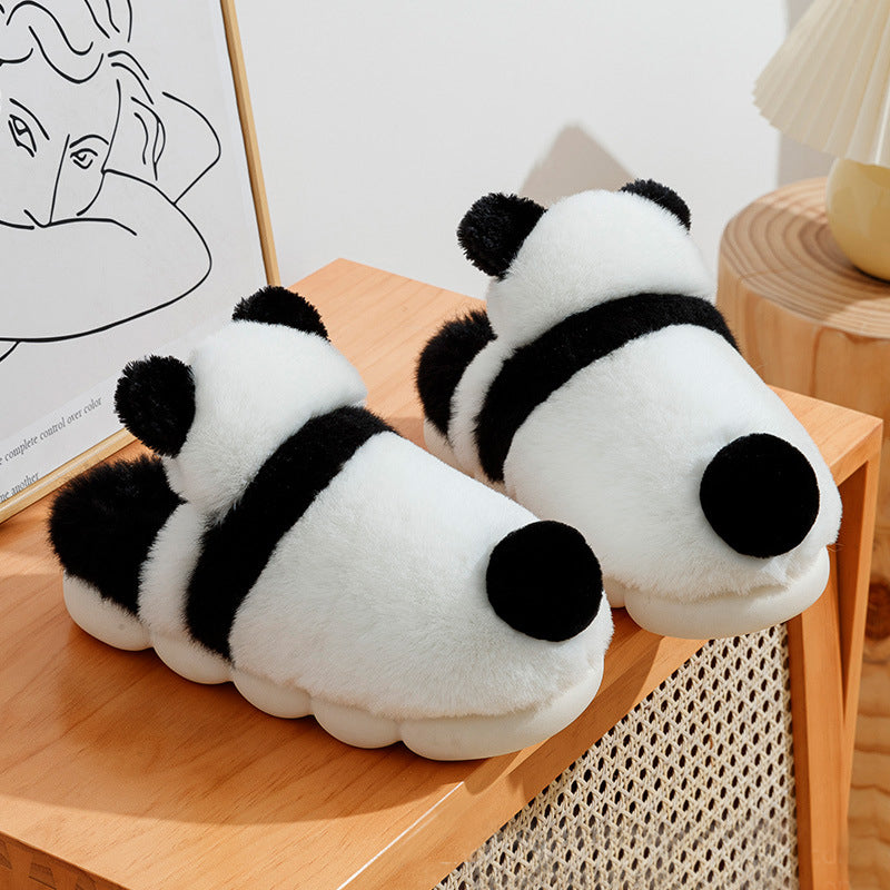 Plush Panda Slippers Warm Cartoon Shoes For Women - Thick-Sole Footwear Non-Slip Fluffy Slides