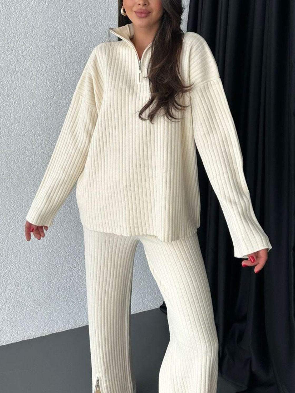 Zipper Knitting Long Trousers Outfit