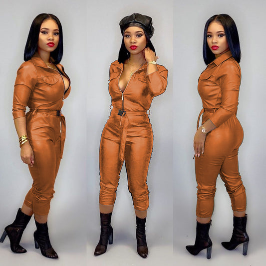 Highly Elastic Leather Jumpsuit