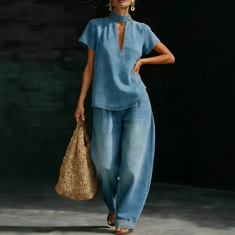 Solid-color Short-sleeve Casual Loose-fit Faux Denim Two-piece Set