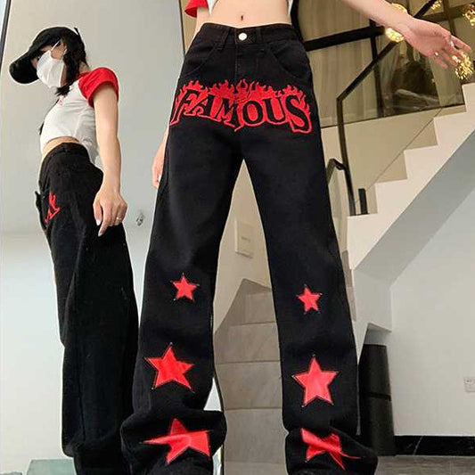 Red Star Letters Jeans - High-Waist Casual Trousers