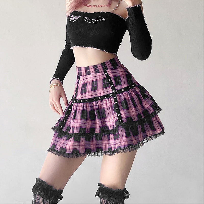 Casual High-Waist Plaid Lace Ruffle Skirt