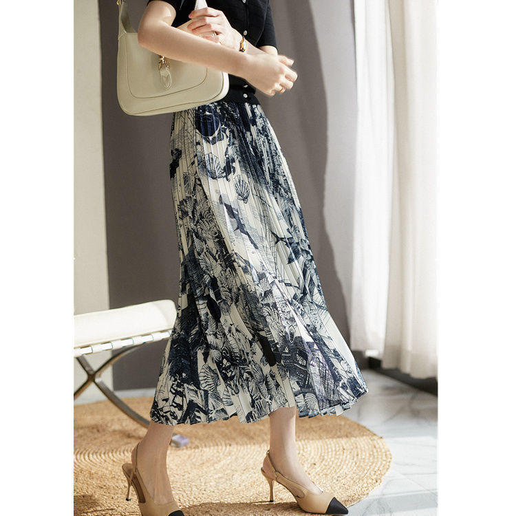 Elastic-Waist Ink Painting Midi Skirt