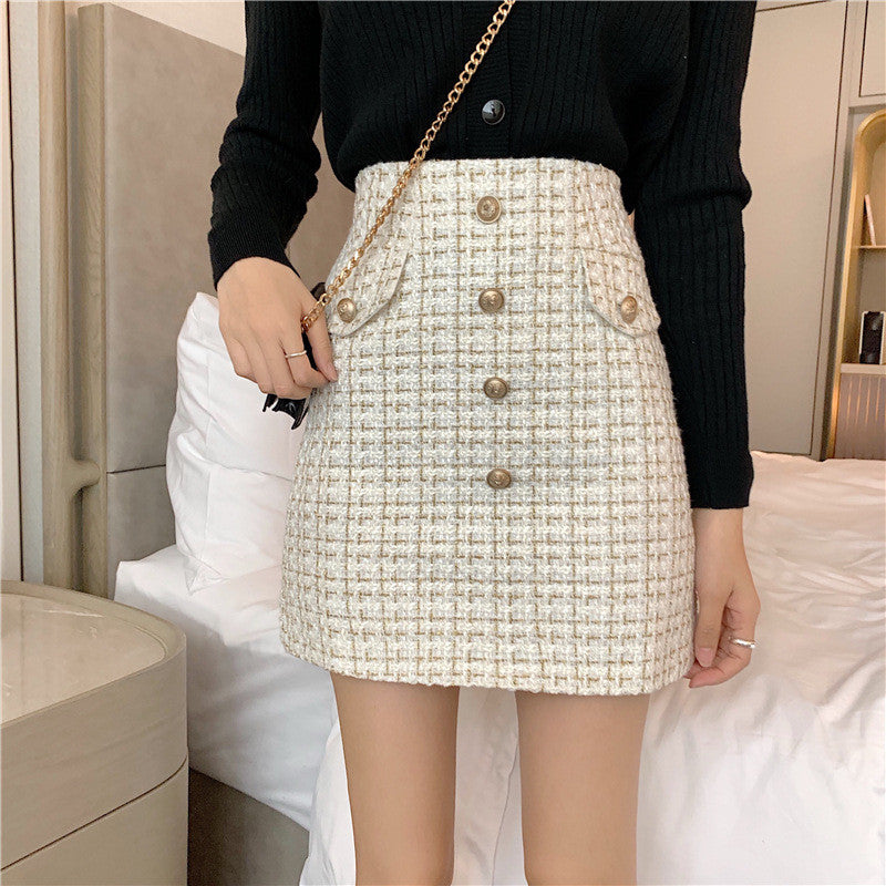 Plaid A-Line High-Waist Tweed Skirt