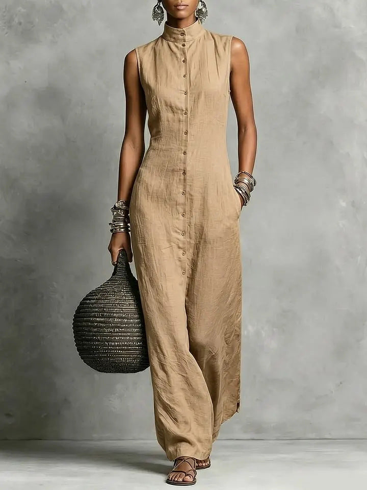 Solid-color Womens Stand-up Collar Single-breasted Sleeveless Jumpsuit