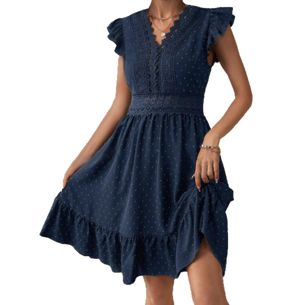 Lace Trimmed Pleated V-Neck Elegant Dress