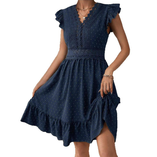 Lace Trimmed Pleated V-Neck Elegant Dress