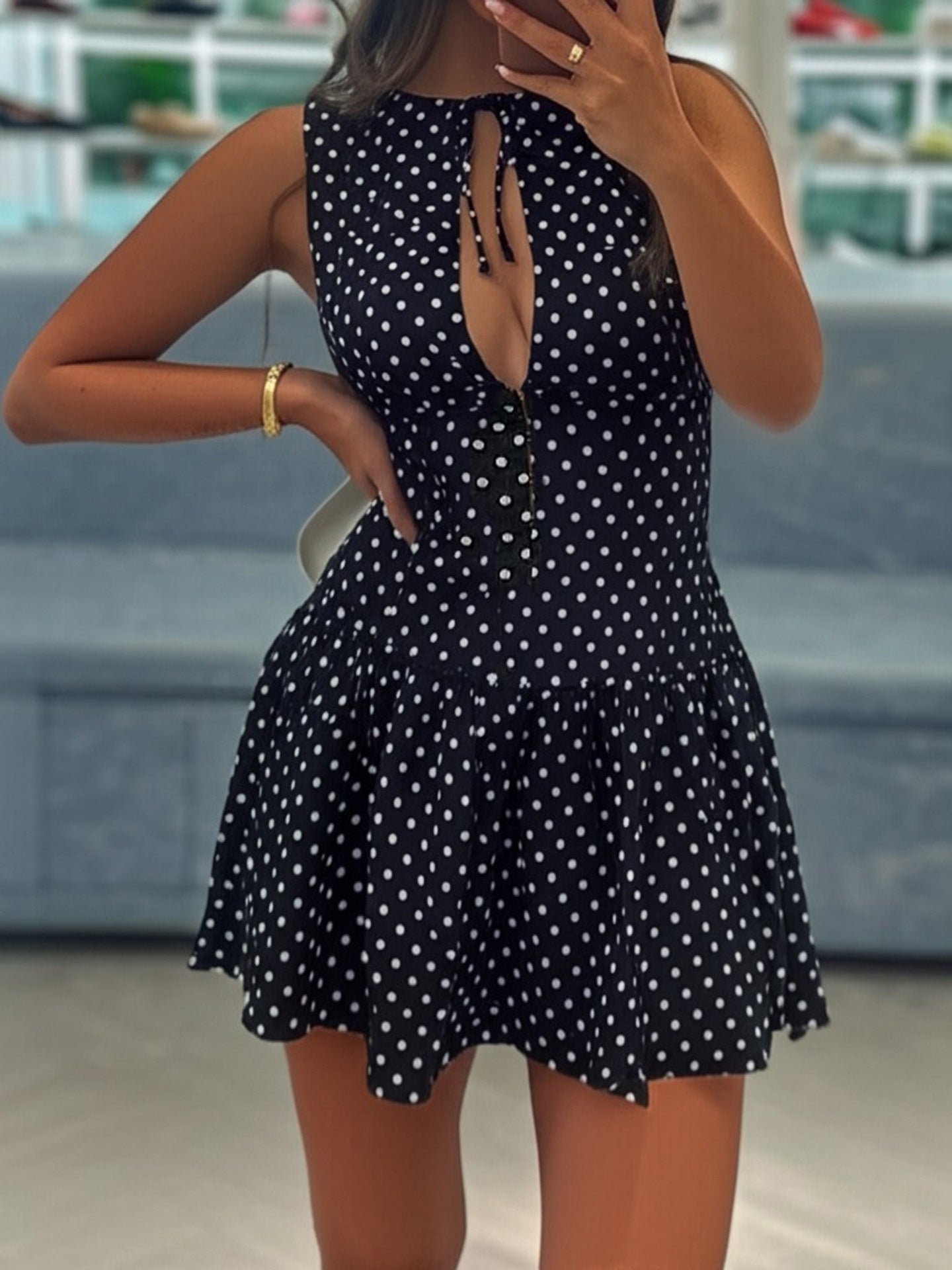 Deep V-Neck Hollow Lace-Up Polka Dot Dress