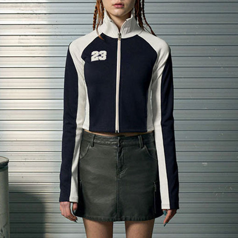 Locomotive-Style Hot Girl Trendy Black-and-White Colour-Contrast Patchwork Polo Collar Jacket