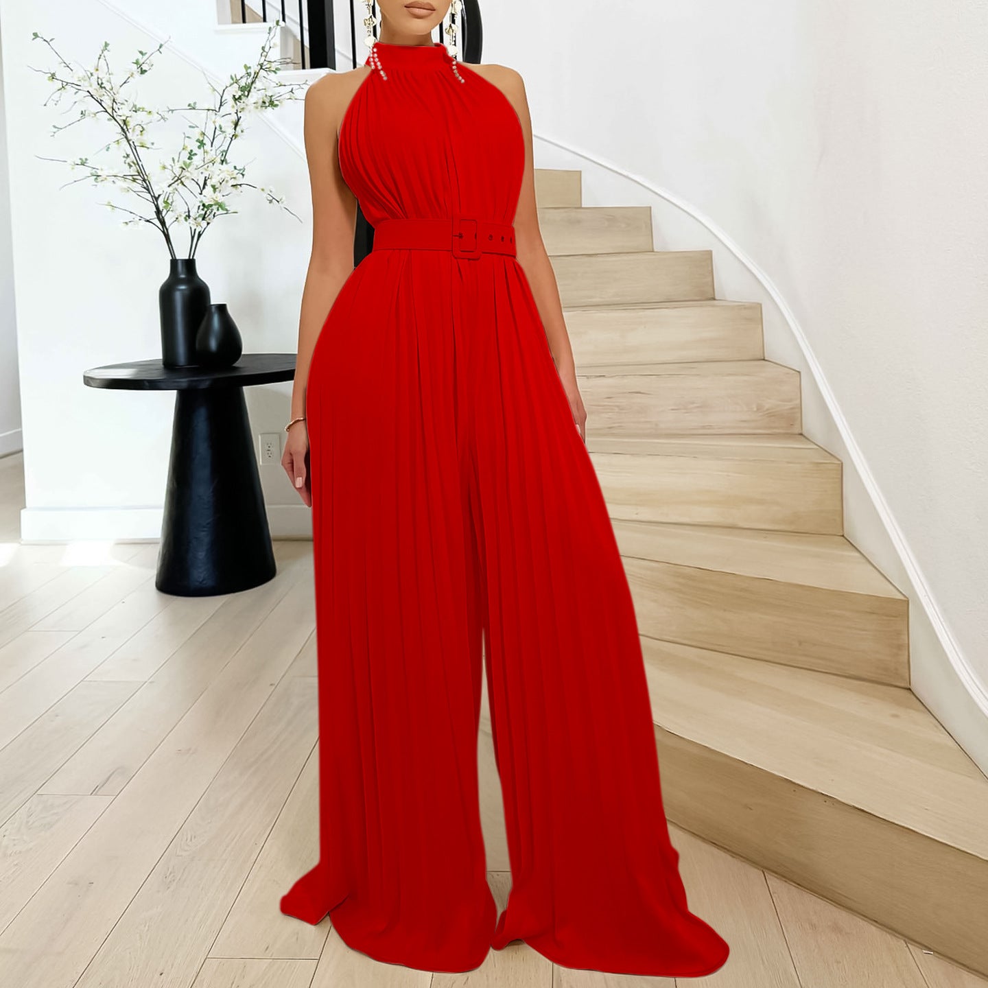 Pleated Wide-Leg Belt Jumpsuit