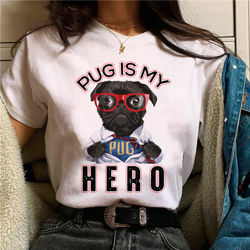 Pug Print Round-Neck Short-Sleeve Women's T-Shirt