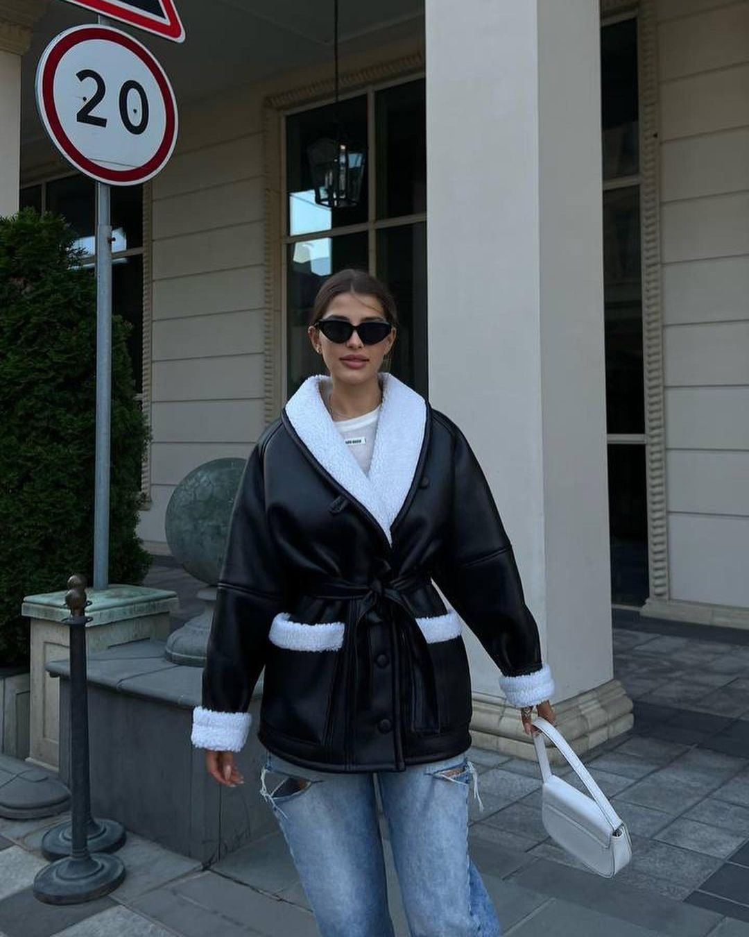 Leather-and-Fur  Long-Sleeve Splicing Coat