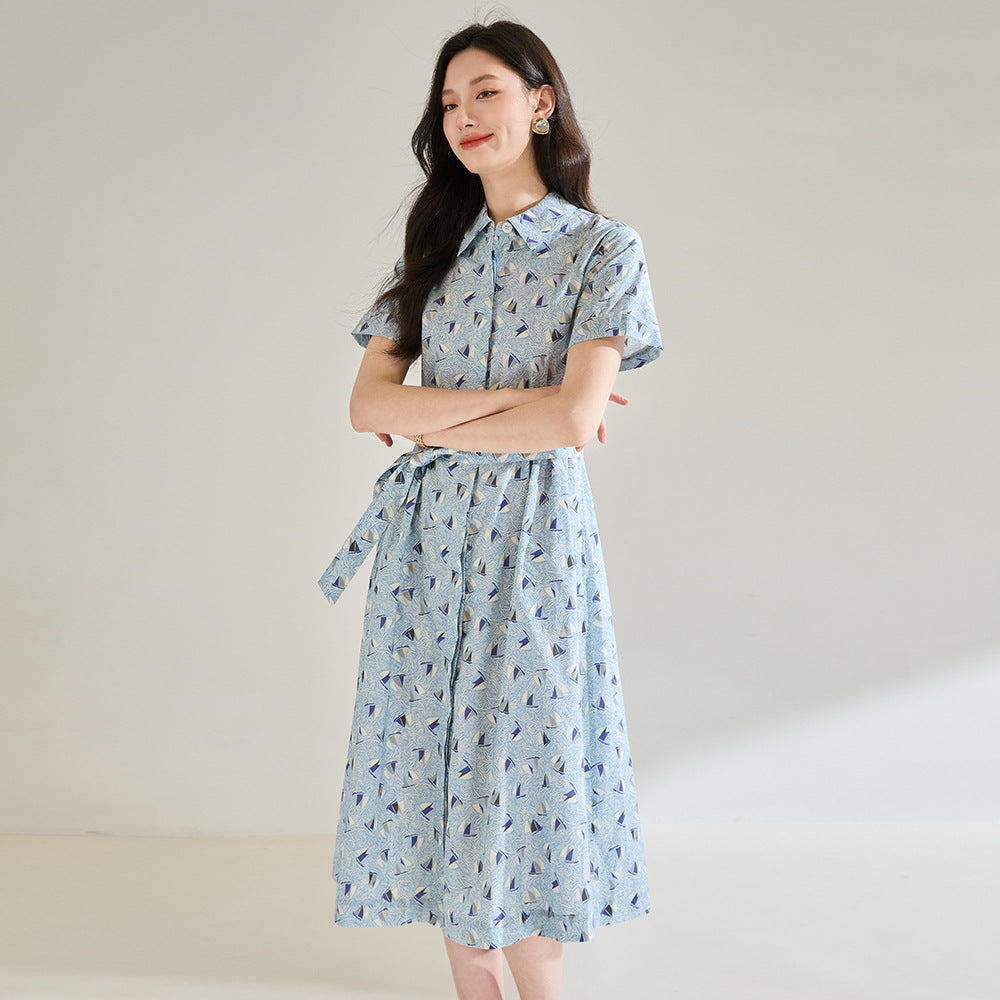 Anti-wrinkle Cotton Printed Blue Round Neck Long Dress