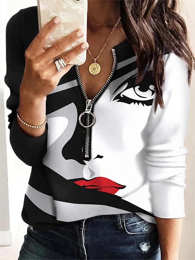 Geometric Long-Sleeve Zipper Pullover Sweater