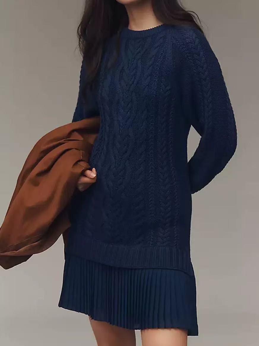 Round-Neck Twisted Knit Chiffon Spliced Sweet Mini Dress