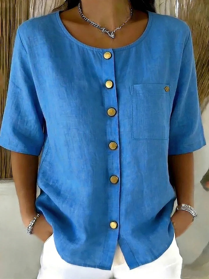 Womens Crew-Neck Shirt With Metal Buttons And Three-Quarter Sleeves