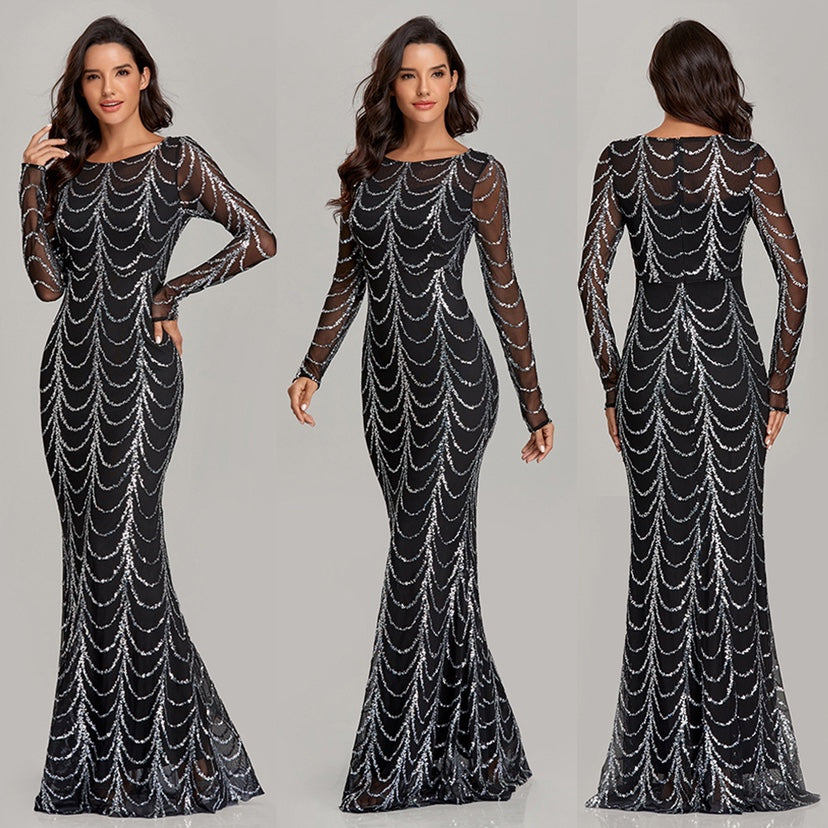 Sequins Maxi Dress - Long-Sleeve Party Dress