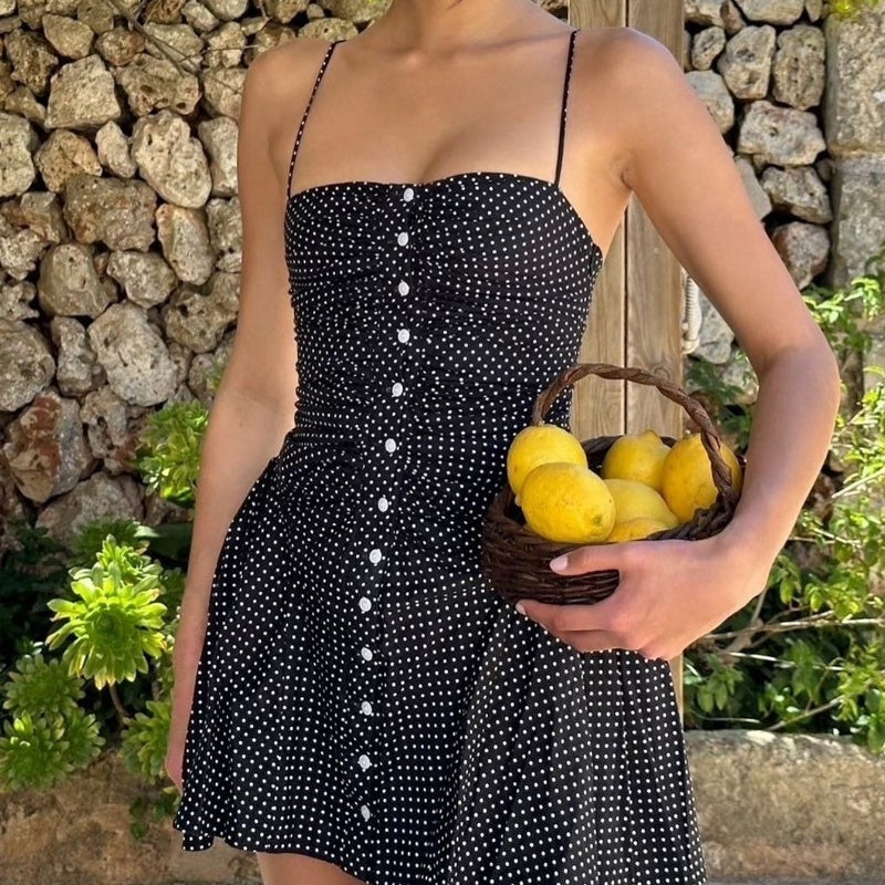 New Polka Dot Print Tube-Top Off-Neck-Strap Backless Dress