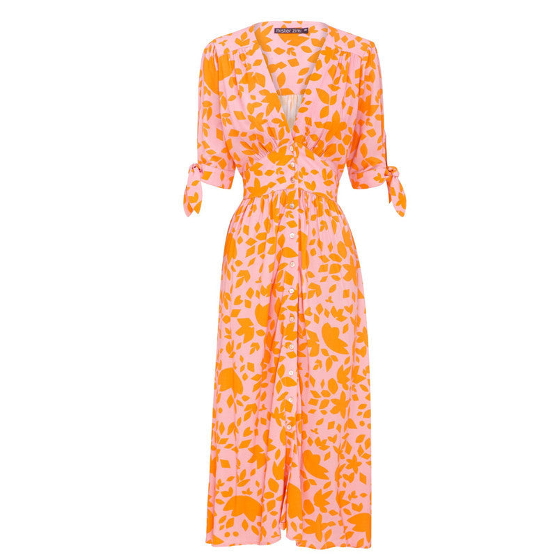V-Neck Five-Point Sleeves Single-Breasted Printed Dress