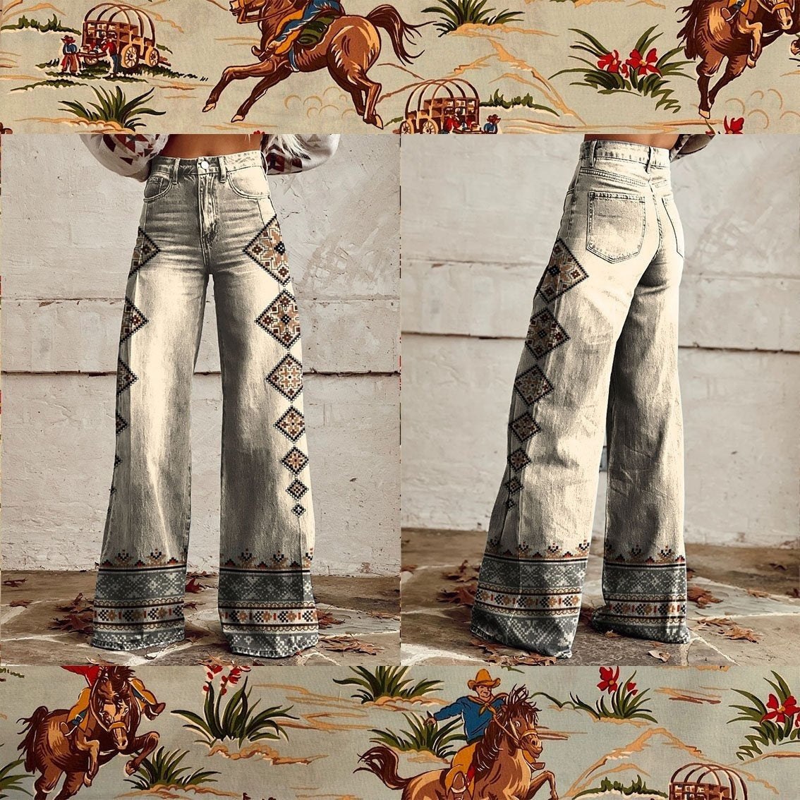 Women's 3D Printed Denim Wide-Leg Pants