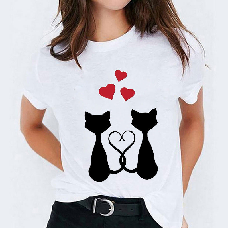 Cat Flamingo Round-Neck Print Short-Sleeve T-Shirt Short For Women