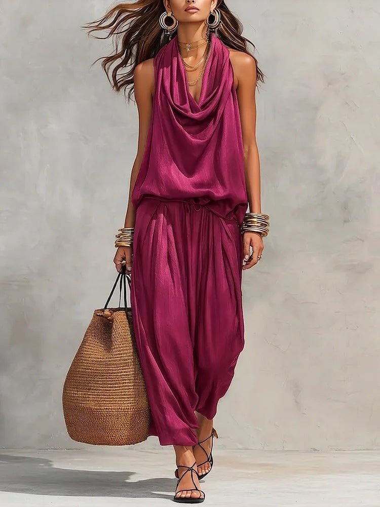 Draped-Neck Vest & Casual Pants Outfit