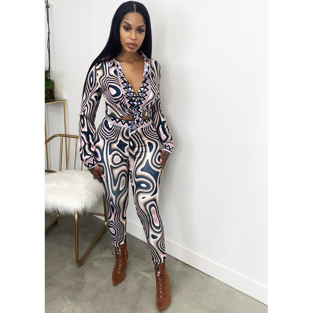 Sexy Print Long-Sleeve Tight Casual Suit