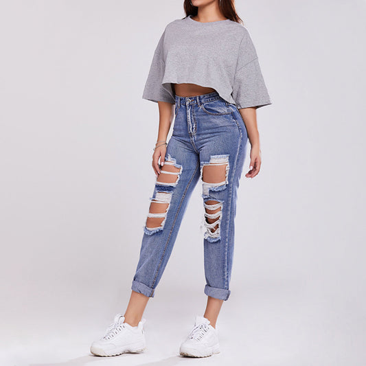 Ladies' High-Waisted Butt-Lifting Casual Straight-Leg Denim Trousers