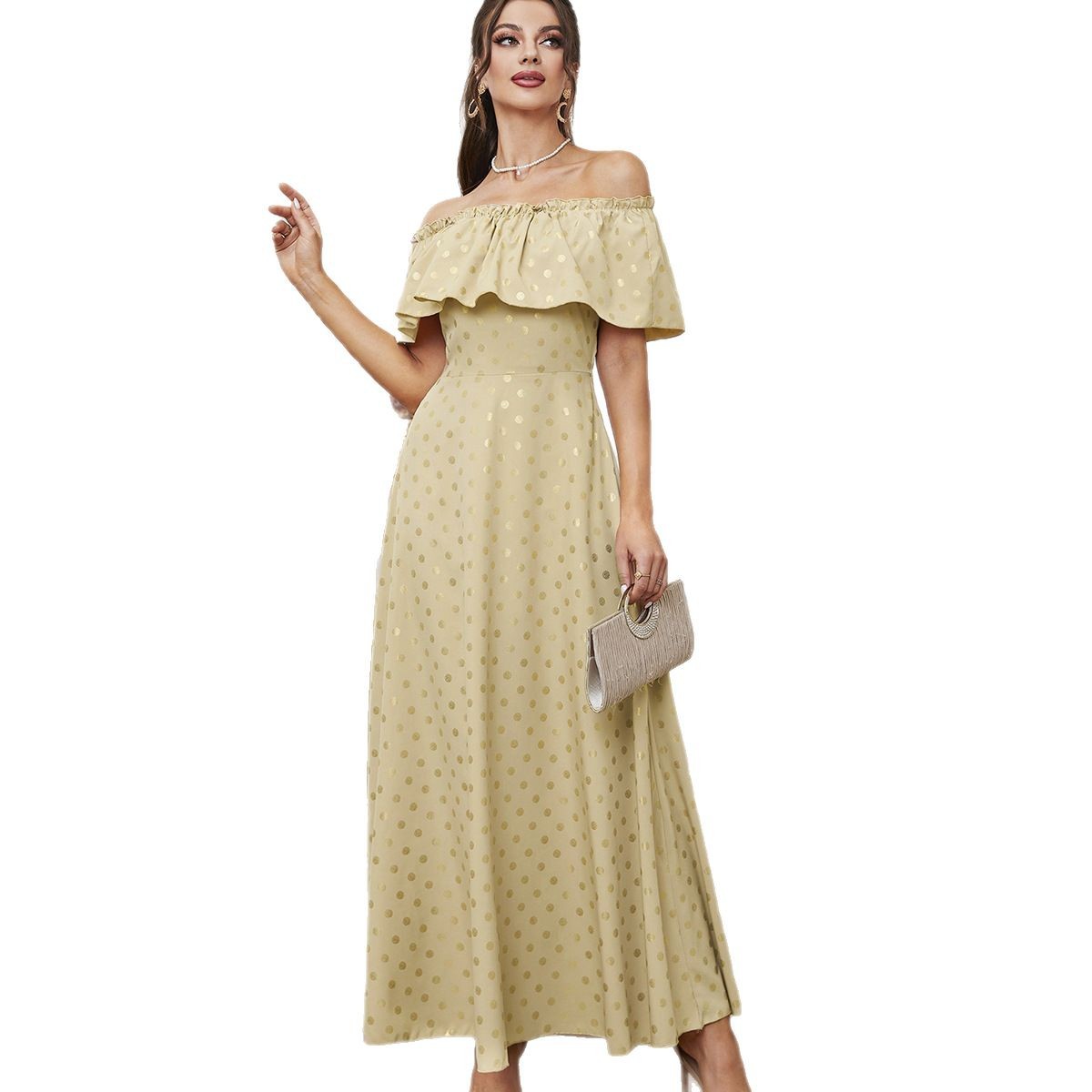 Elegant Polka Dot Gilding Off-Shoulder Dress