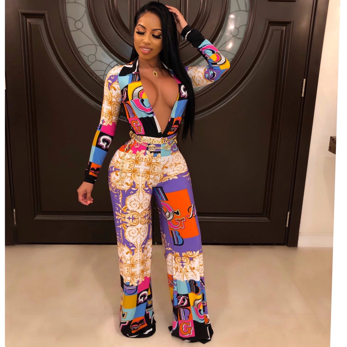 Digital Printing Long-Sleeve V-Neck Jumpsuit