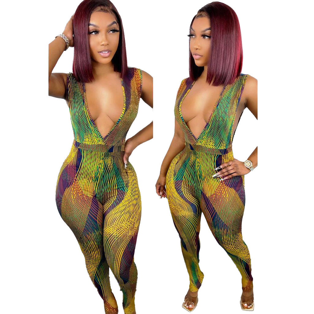 European & American Deep-V Stripe Digital Printing Jumpsuit